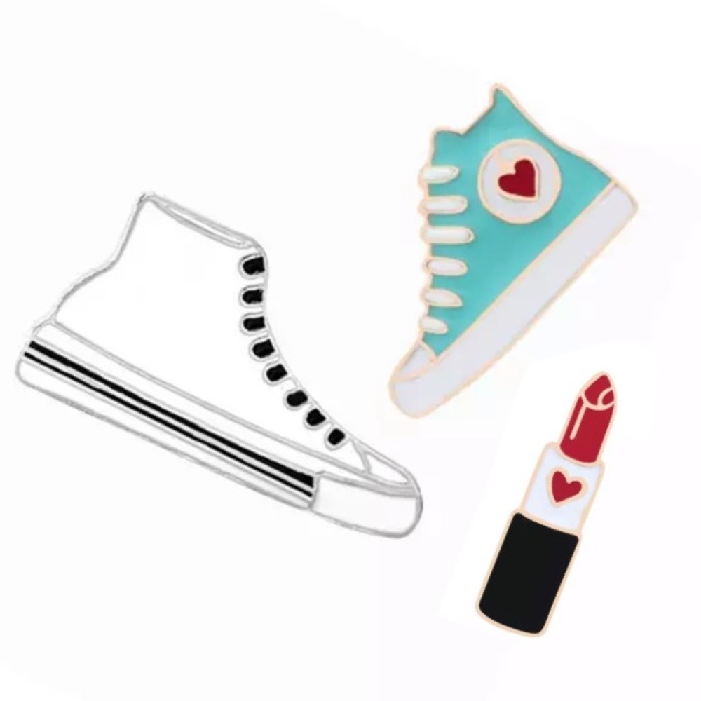 1 LEFT‼️ Set of 3 Enamel Pin Converse Shoes Lipstick Hearts Trio Bulk Lot Pins